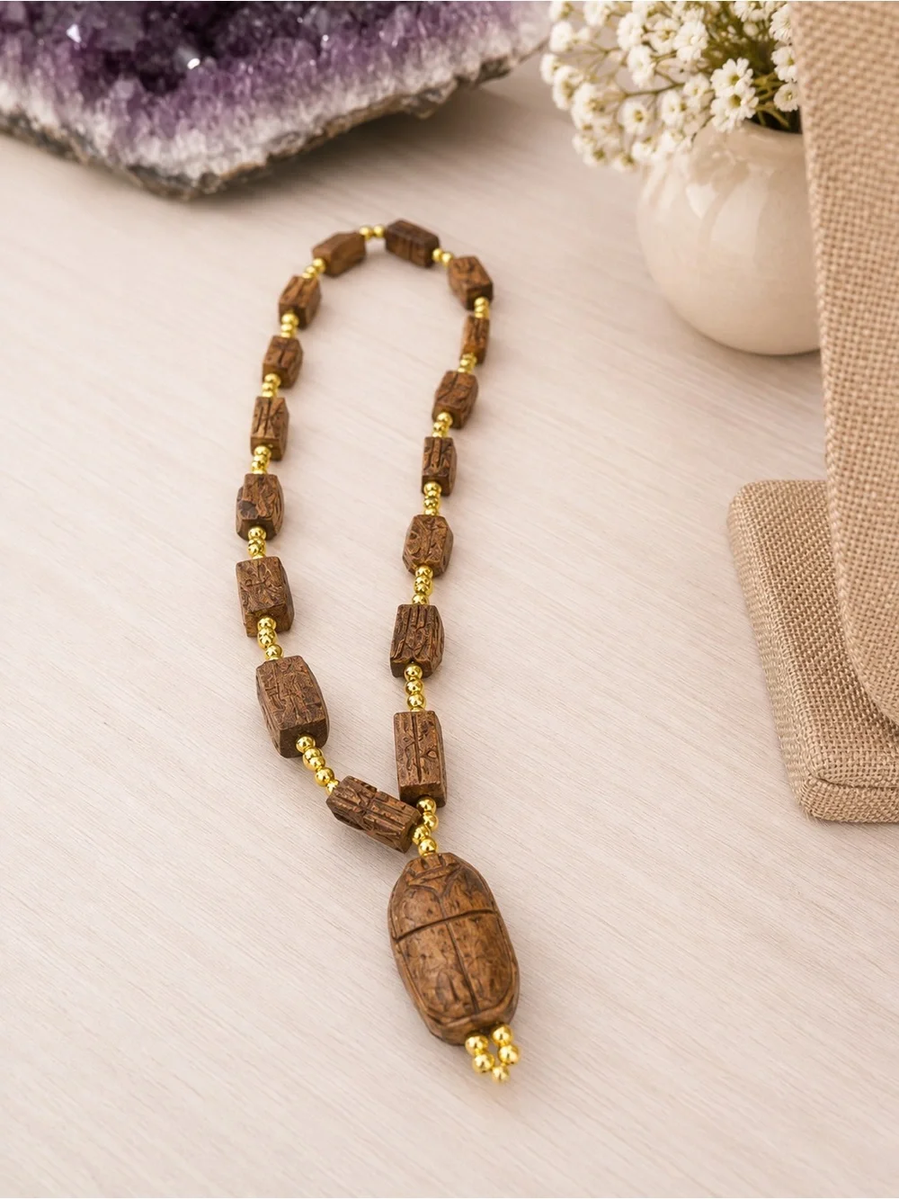 Handcrafted Brown Wooden Scarab Bead Necklace with Gold Tone Accents
